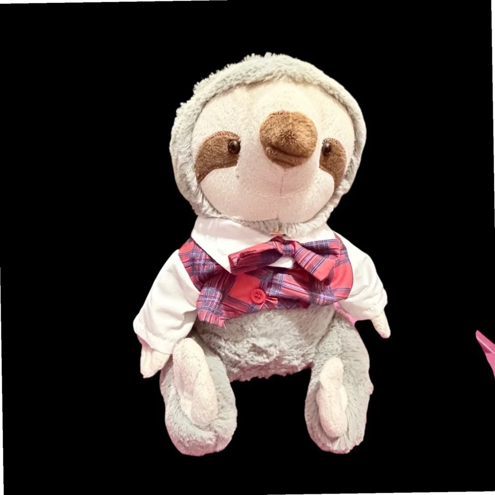 Build-A-Bear Workshop weighted Sloth‎ Plush Grey Dressed Plaid Vest Bow Tie 10in